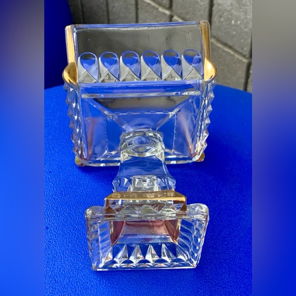 Mid Century Vtg Jeanette Gold Trim Cut Glass Pedestal Wedding Bowl Candy Dish - Picture 12 of 16